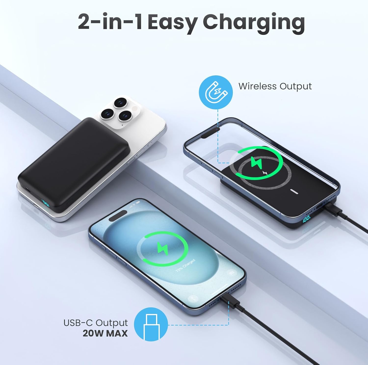 Magnetische Powerbank 10800Mah, PD 20W Schnellladung Wireless Power Bank Iphone Mit USB-C Eingänge＆Ausgang Und Led-Display Externer Akku Kompatibel Mit Magsafe, Iphone 16/15/14/13 Serie-Schwarz